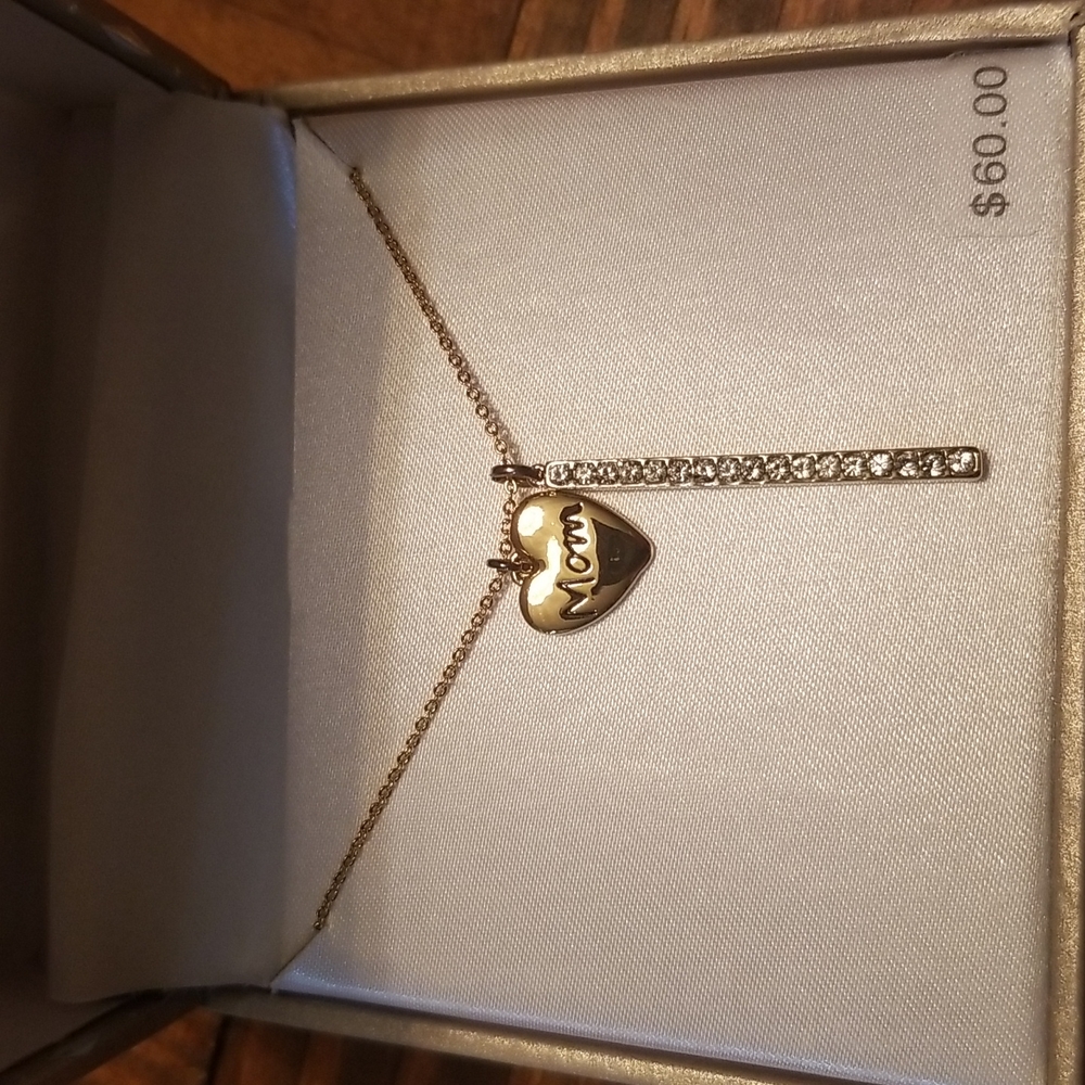 Gold plated "Mom" necklace with clear Swarovski crystal bar 16" chain with 2" ex
